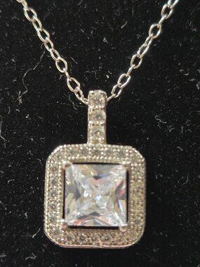 Dainty Silver Necklace Square Stone Pendant with 925 chain